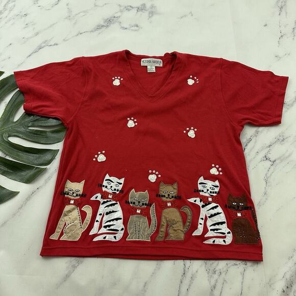 Victoria Harbour Womens Vintage 90s Cat Shirt Size L Red Embroidered Beaded - Picture 1 of 11